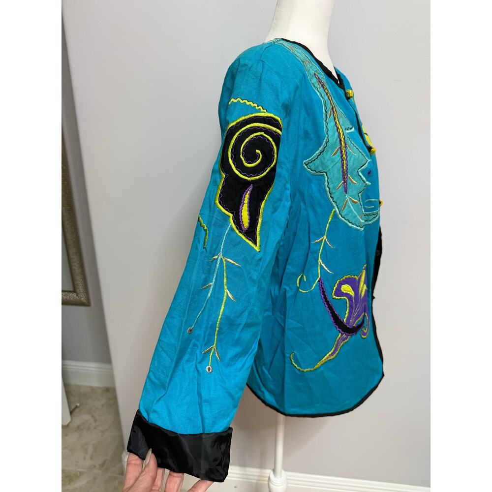 Vintage Alex Kim Embroidered blue Jacket Size Floral Butterfly Artsy cotton Med - Picture 2 of 6
